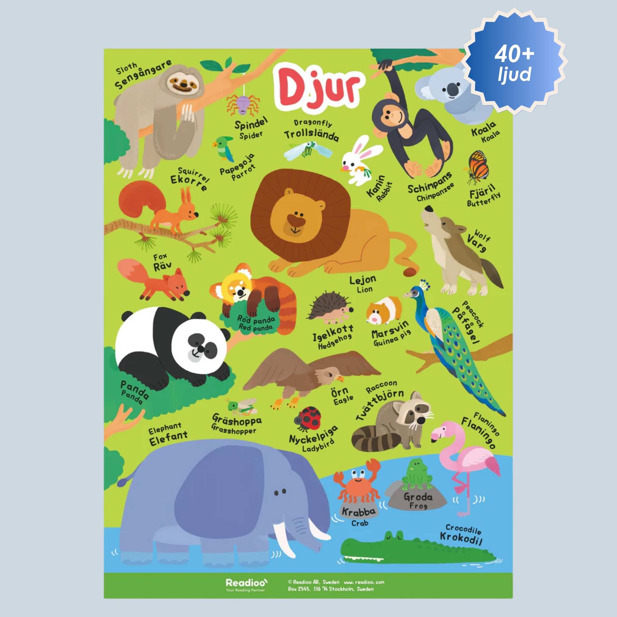 Interaktiv poster till barn - lär vad djuren heter på svenska och engelska