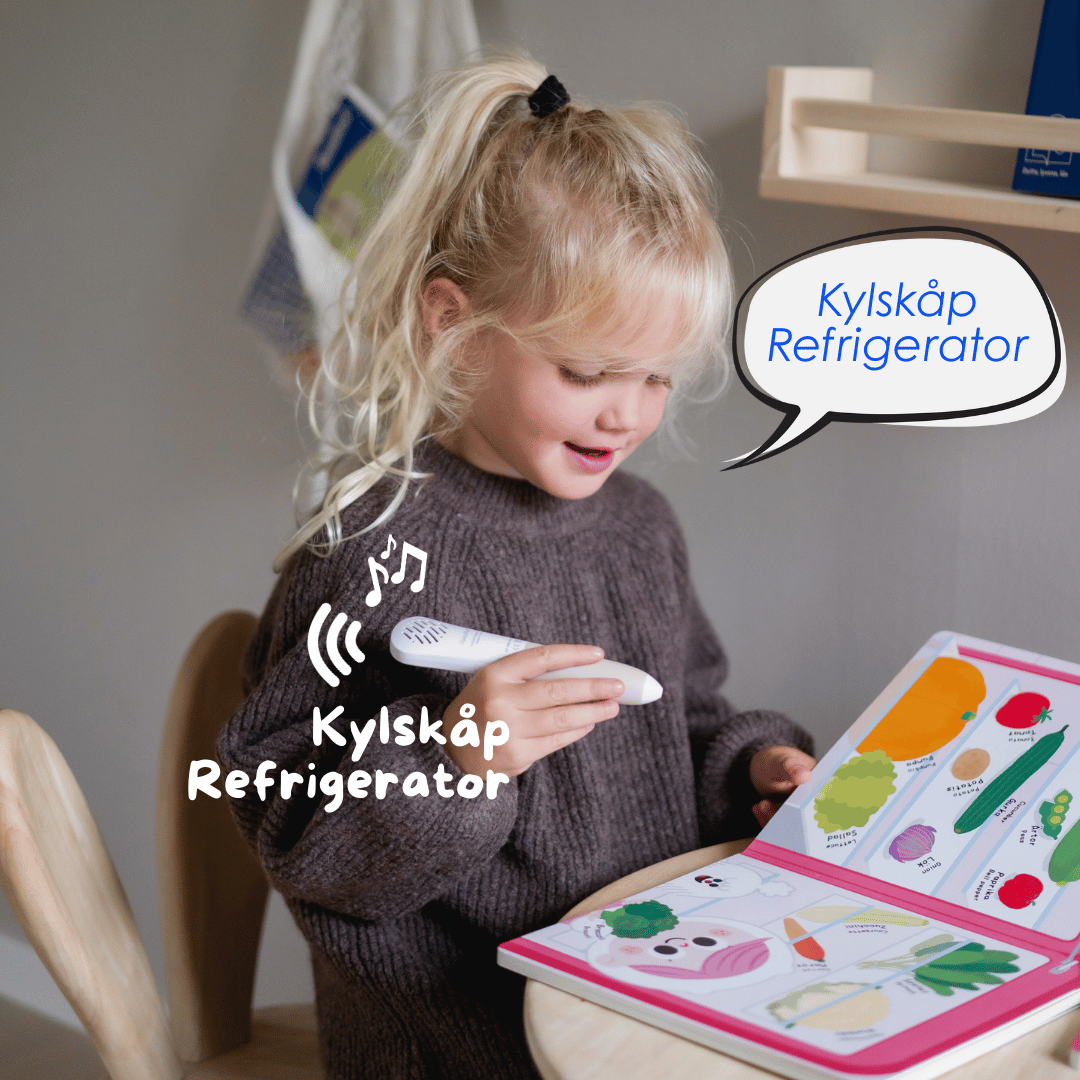 Barn duttar och lyssnar till ord på svenska och engelska
