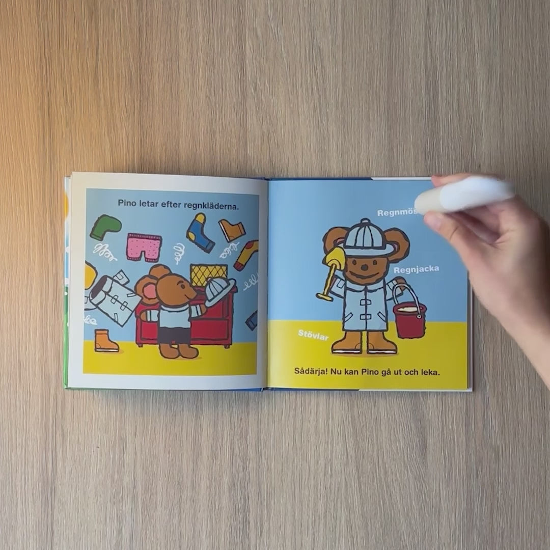 Demofilm visar hur Readioos läspenna aktiverar ljud från boken Vilket busigt väder Pino