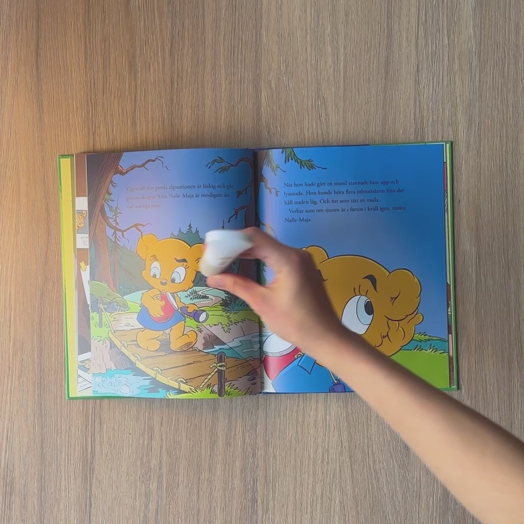 Demofilm visar hur Readioos läspenna aktiverar ljud från boken om Nalle-Maja