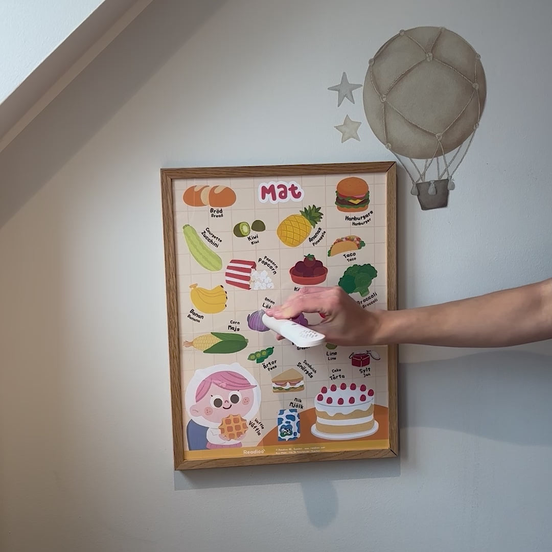 Demofilm visar hur Readioos läspenna aktiverar ljud från postern om mat