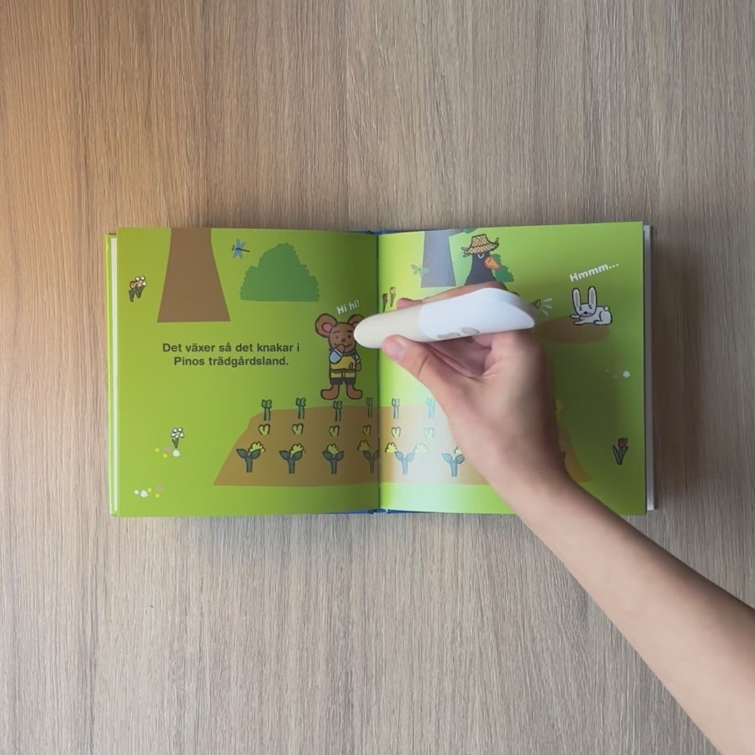 Demofilm visar hur Readioos läspenna aktiverar ljud från boken Pino planterar i sin trädgård